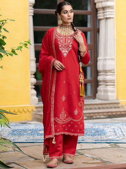 Dhiyona CH Floral Embroidered Thread Work Straight Kurta With Trousers & Dupatta