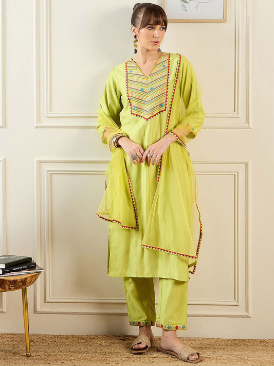 Dhiyona IE Geometric Embroidered Thread Work Liva Straight Kurta With Trousers & Dupatta