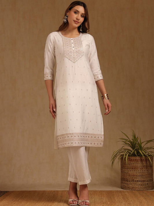 Dhiyona SO Women's Women Ethnic Motifs Embroidered Round Neck Sequinned Straight Kurta with Trousers
