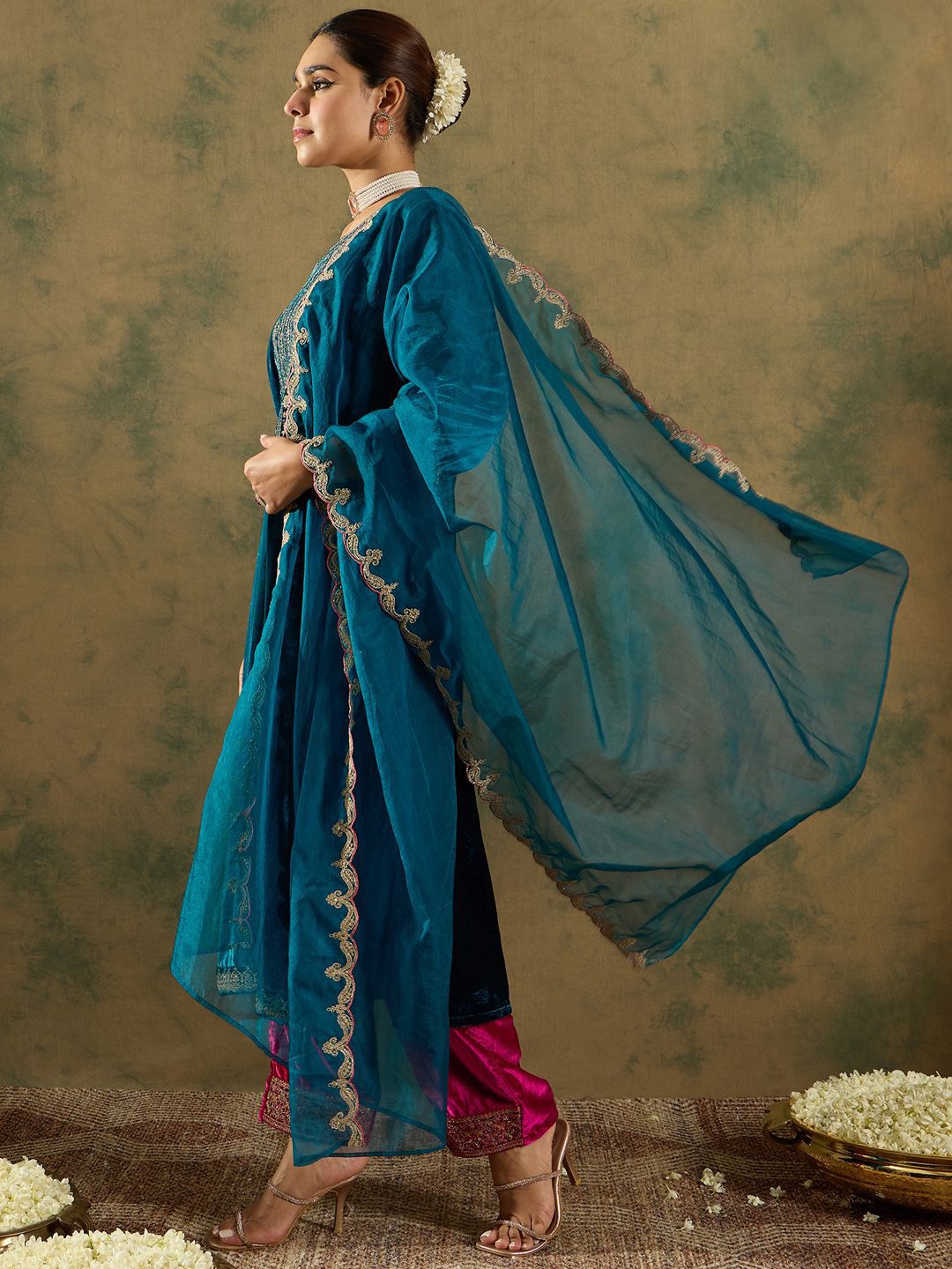 Ethnic Motifs Embroidered Regular Velvet Straight Kurta with Trousers & Dupatta