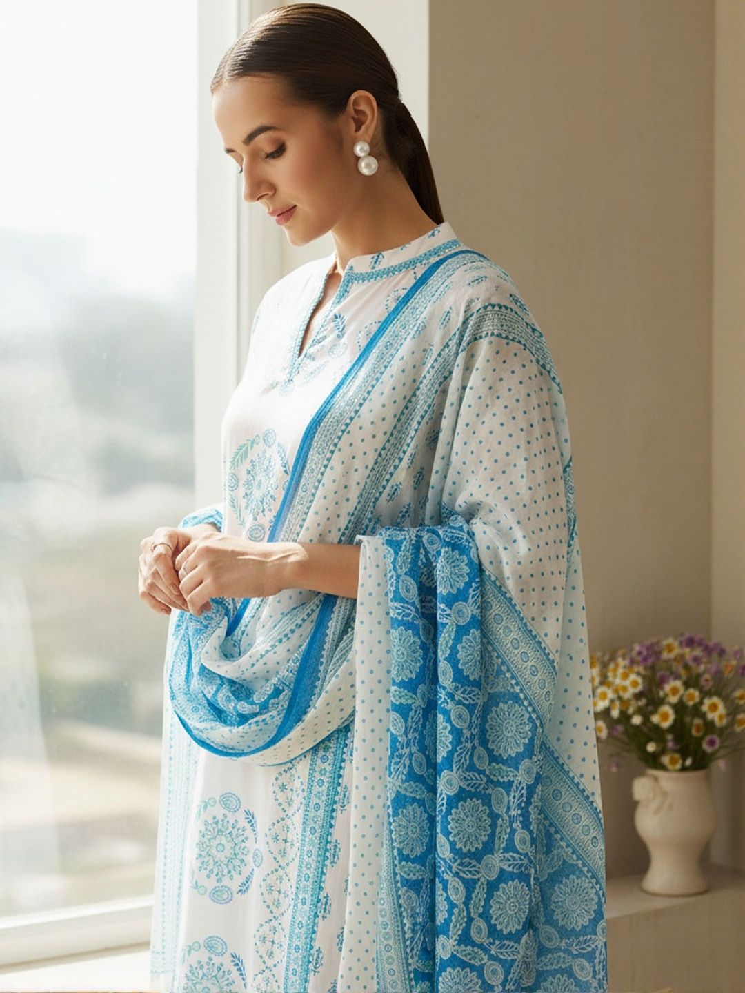 Ethnic Motifs Printed Notch Neck Pure Cotton Kurta With Trouser & Dupatta