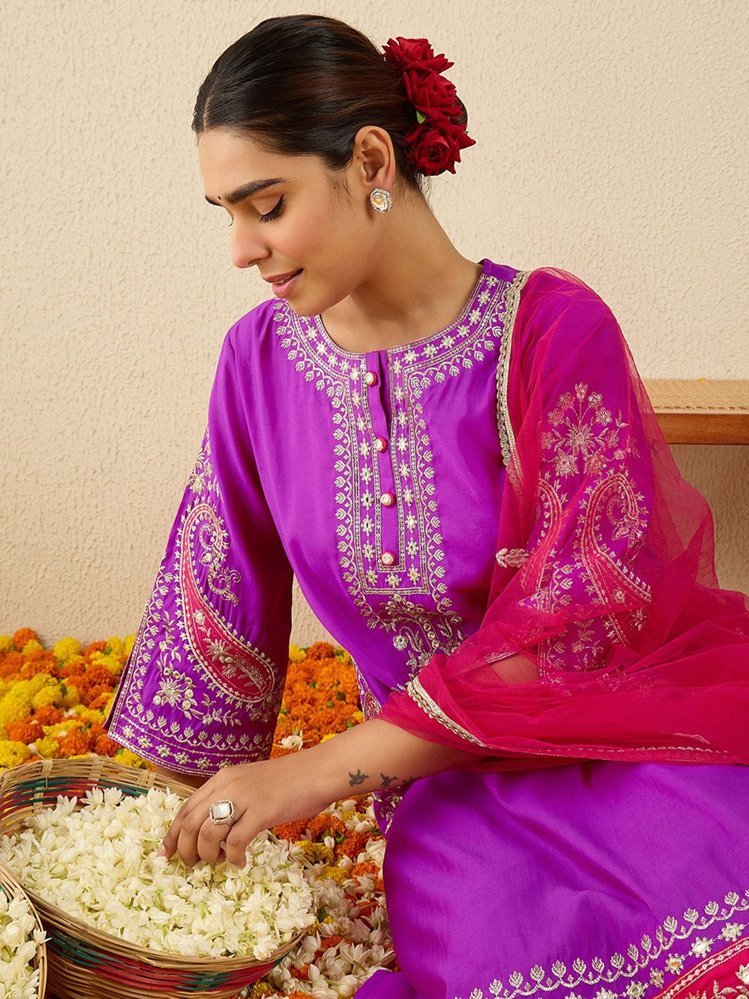 Dhiyona IE Women Ethnic Motifs Embroidered Zardozi Work Kurta with Trousers & Dupatta