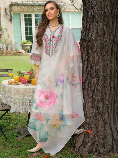Women Floral Embroidered Regular Thread Work Kurta with Trousers & With Dupatta