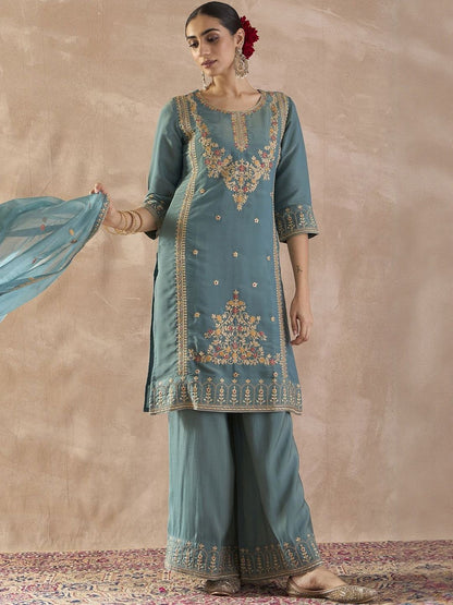 Ethnic Motifs Embroidered Round Neck Thread Work Kurta & Palazzos With Dupatta