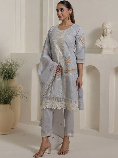 Women Floral Embroidered Regular Thread Work Pure Cotton Kurta with Trousers & With Dupatta