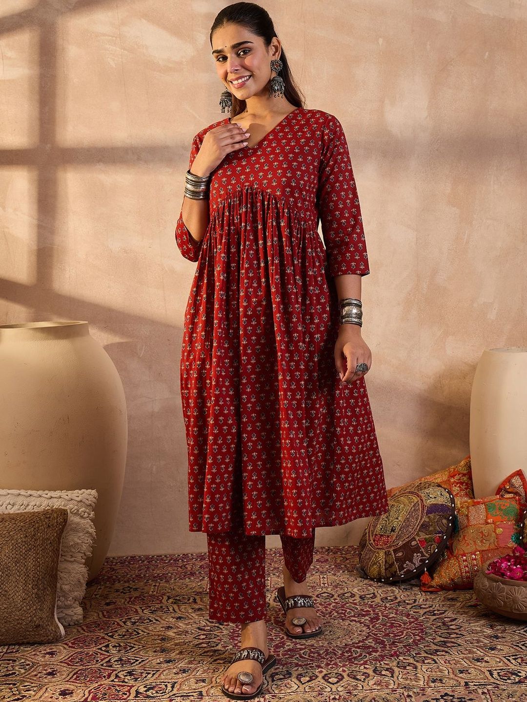 Dhiyona IE Ethnic Motifs Printed A-Line Pure Cotton Kurta With Trousers