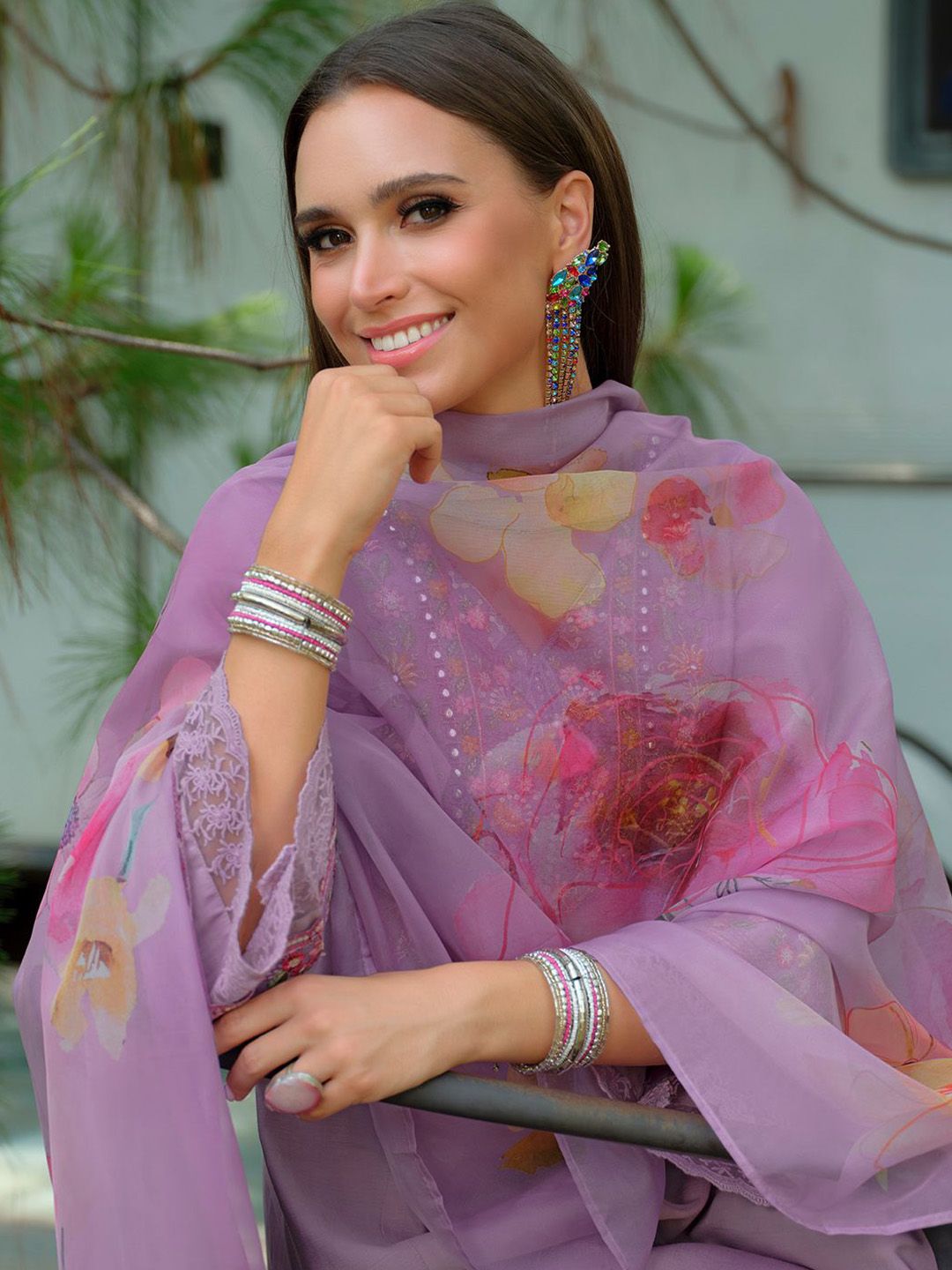 Floral Yoke Design V-Neck Thread Work Straight Kurta With Trousers & Dupatta