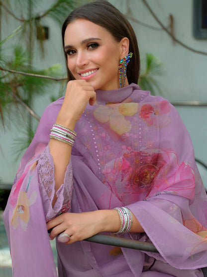 Floral Yoke Design V-Neck Thread Work Straight Kurta With Trousers & Dupatta