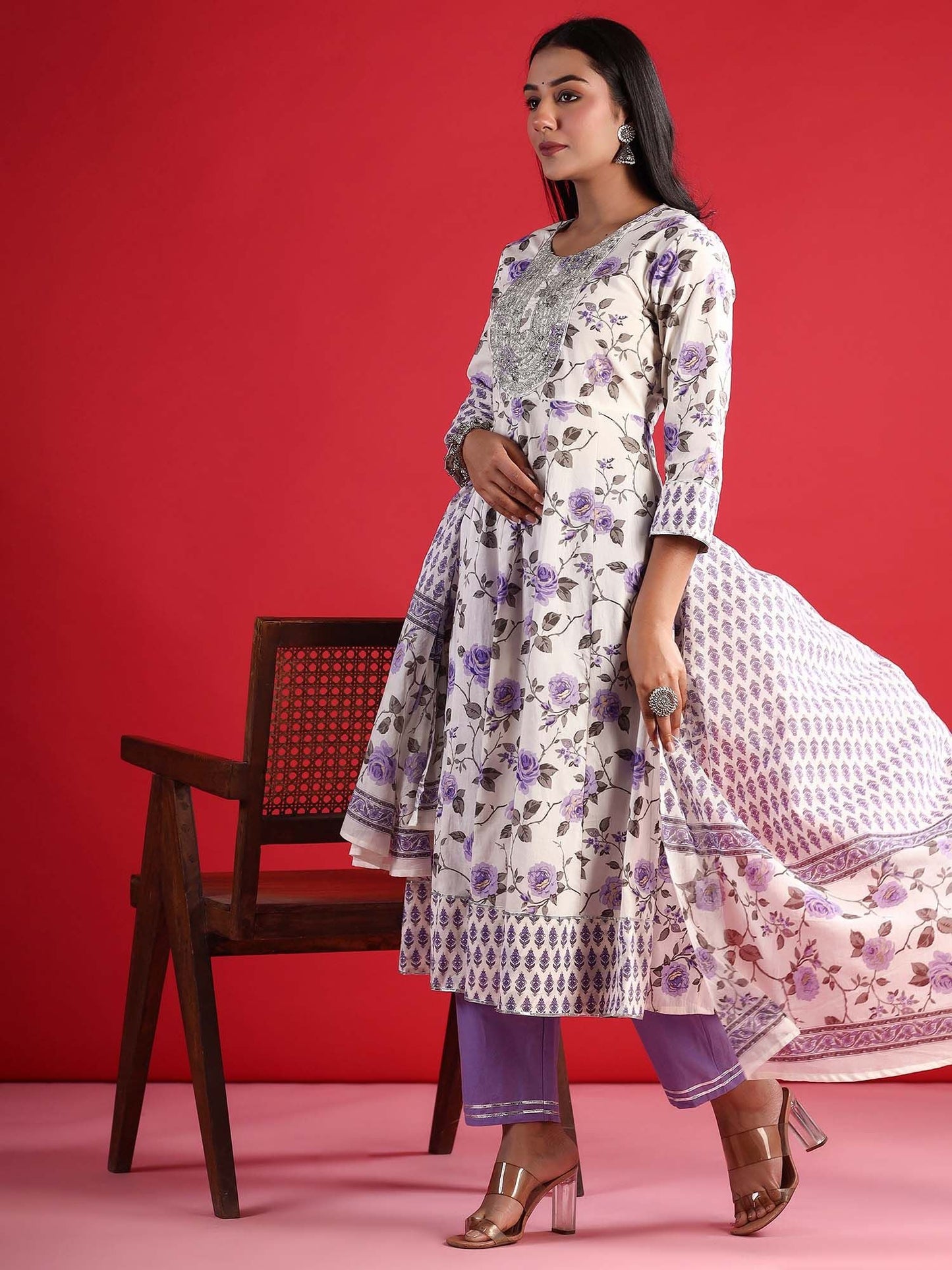 Dhiyona IE Floral Empire Sequinned Pure Cotton A-Line Kurta with Trousers & Dupatta