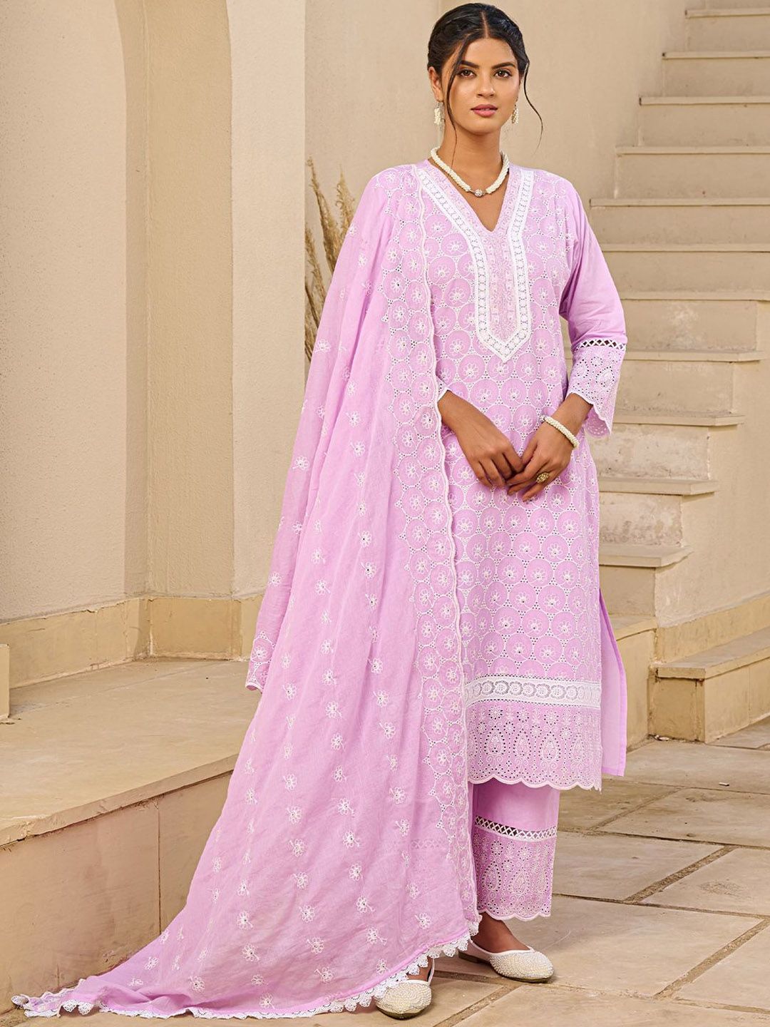 Floral Embroidered V-Neck Thread Work Pure Cotton Kurta With Trousers & Dupatta