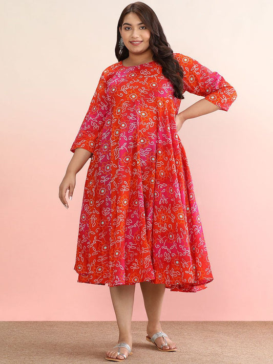 Dhiyona AY Women's Plus Size Ethnic Motifs Printed Pure Cotton A-Line Ethnic Dress