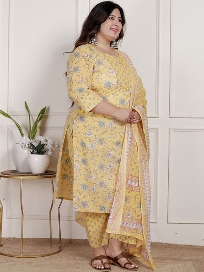 Dhiyona KL Women Floral Printed Pure Cotton Kurta with Trousers & Dupatta