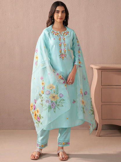 Dhiyona IE Floral Embroidered Notch Neck Straight Kurta With Trouser And Dupatta
