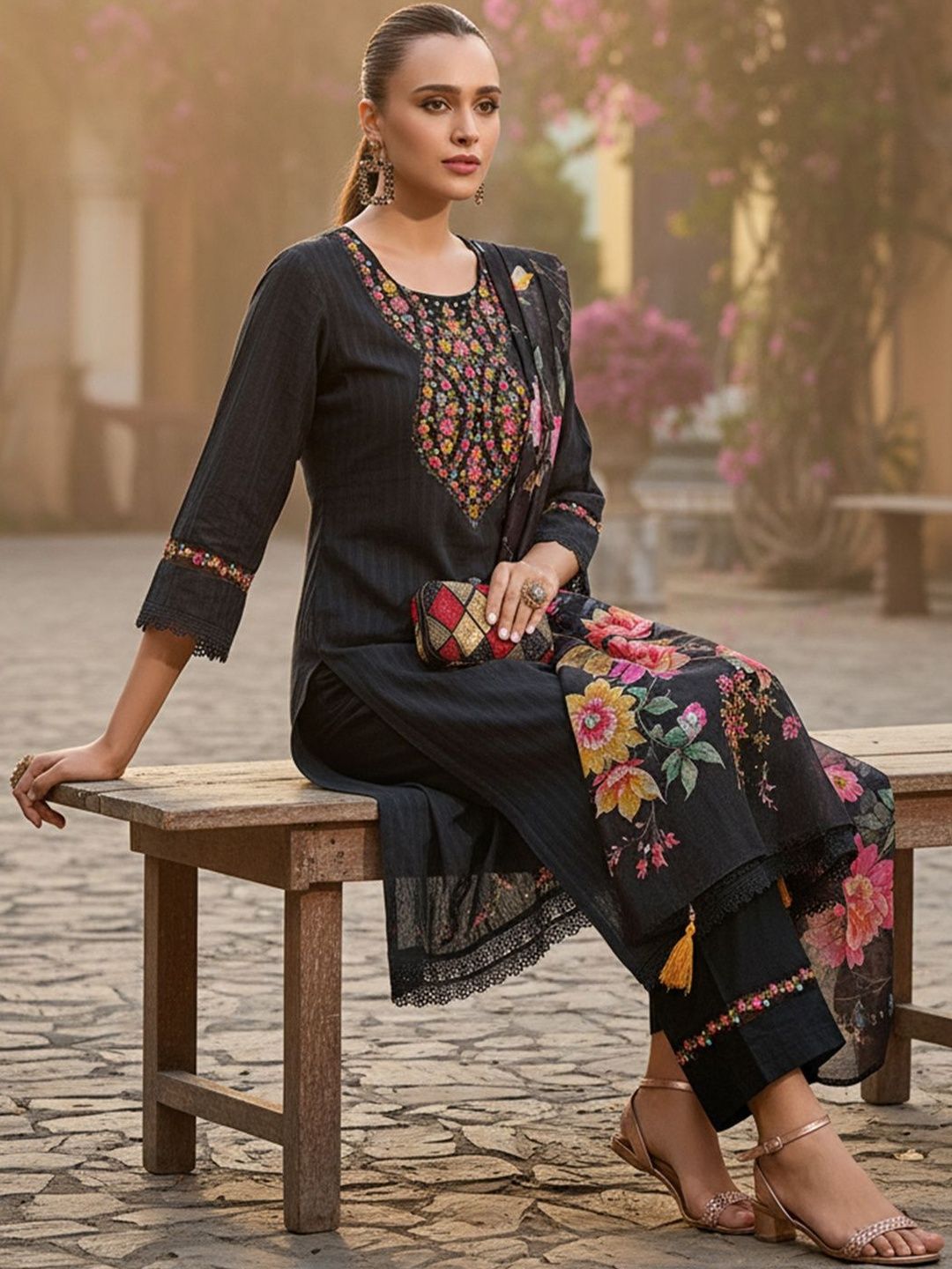 Floral Embroidered Regular Thread Work Pure Cotton Kurta With Trousers & Dupatta