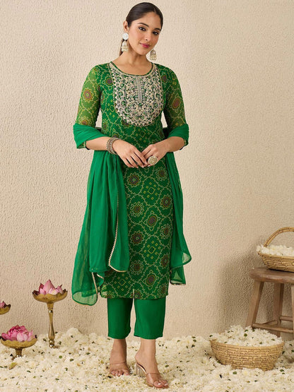 Dhiyona IE Women's Bandhani Printed Thread Work Straight Kurta With Trousers & Dupatta