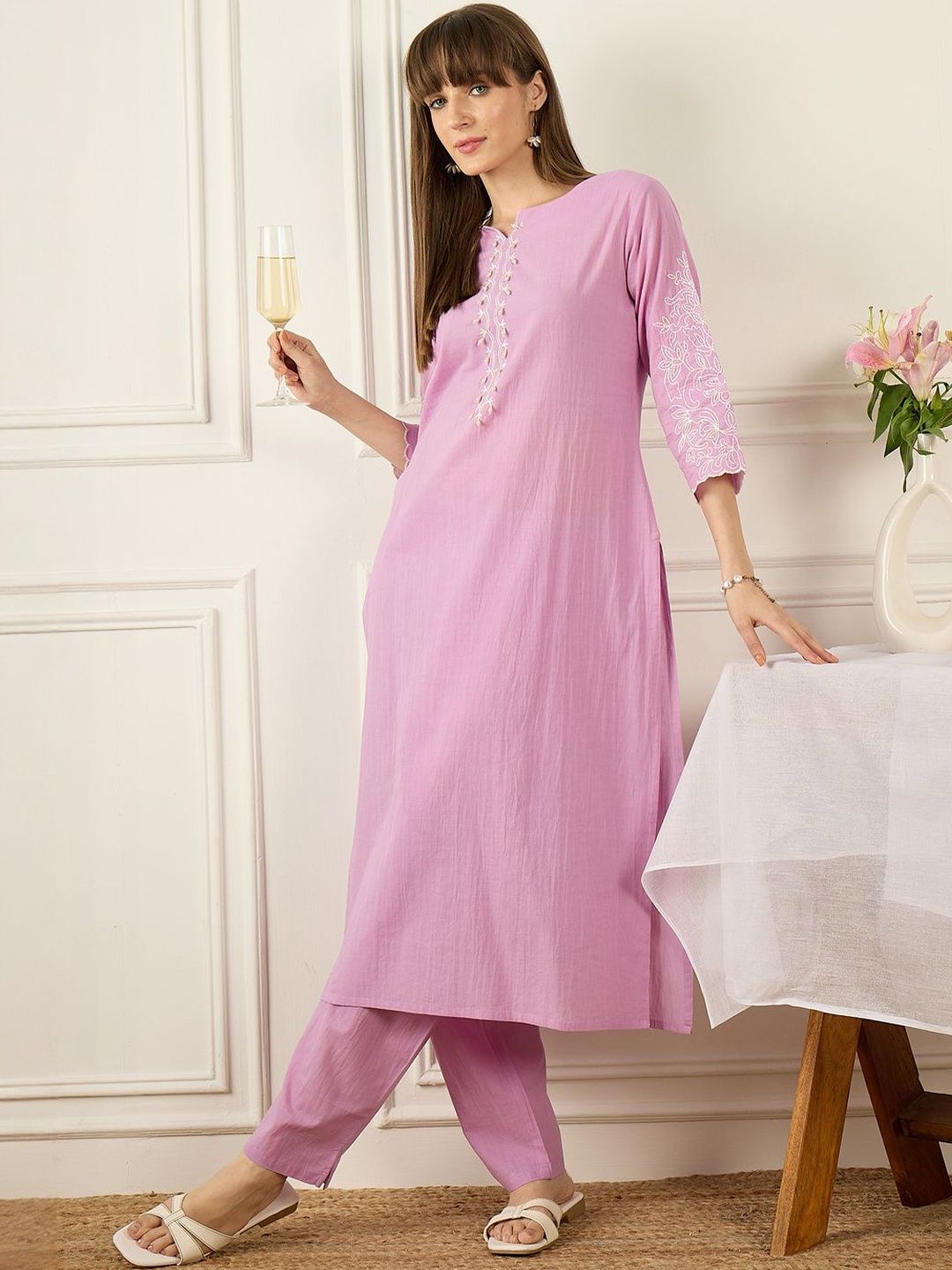 Dhiyona IE Embroidered Round Neck Three-Quarter Sleeves Pure Cotton Tunic And Trousers