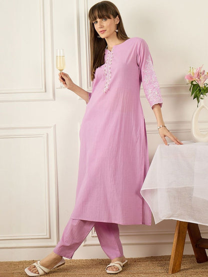 Dhiyona IE Embroidered Round Neck Three-Quarter Sleeves Pure Cotton Tunic And Trousers