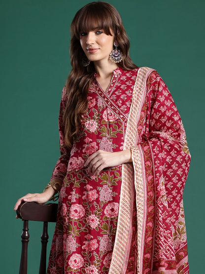 Women Floral Printed Angrakha Pure Cotton Kurta with Trousers & With Dupatta