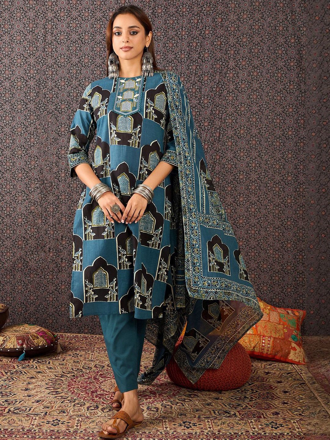 Dhiyona IE Women Ethnic Motifs Printed Regular Pure Cotton Kurta Set With Dupatta