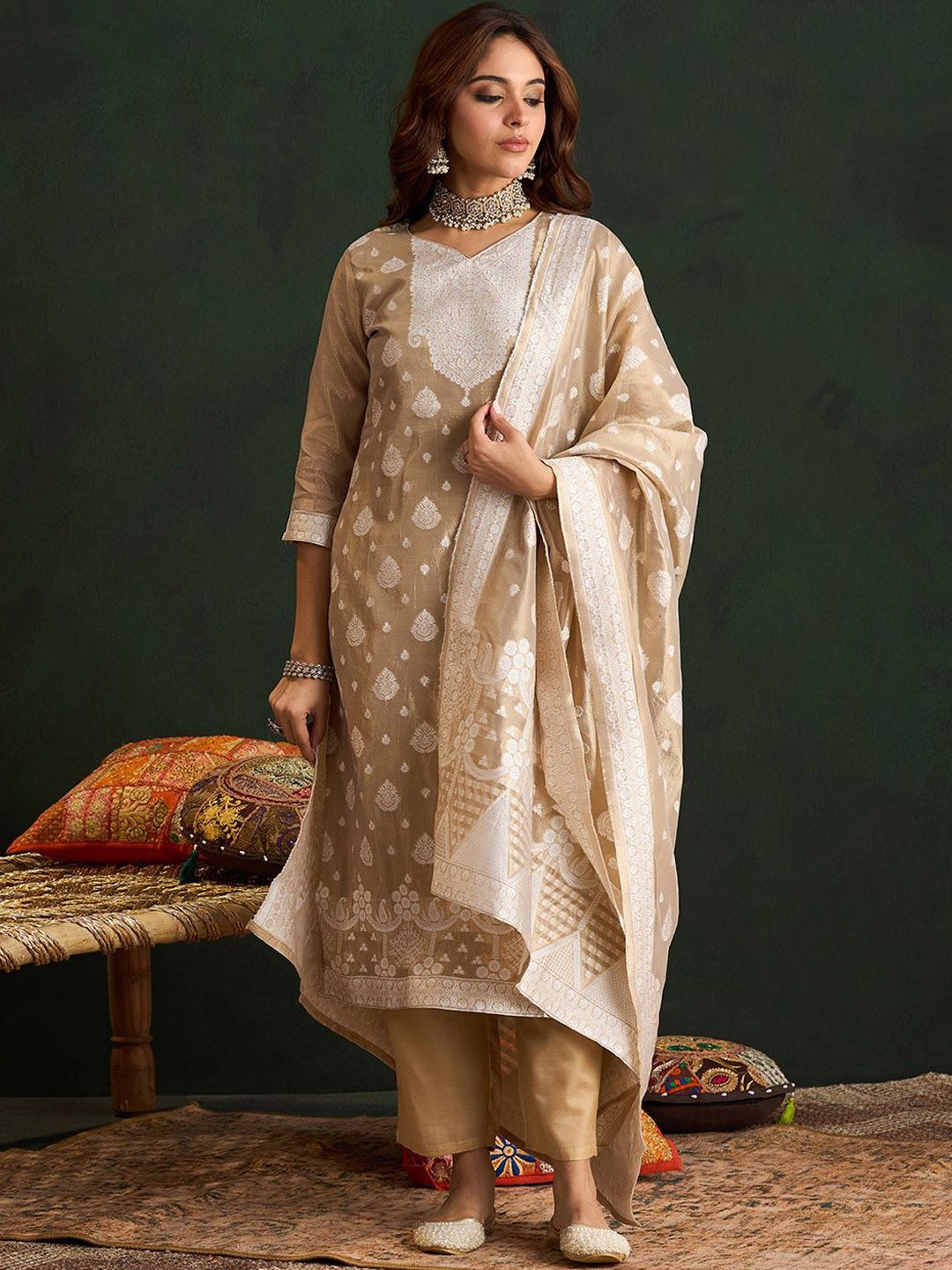 Ethnic Motifs Woven Design Straight Kurta With Trousers & Dupatta