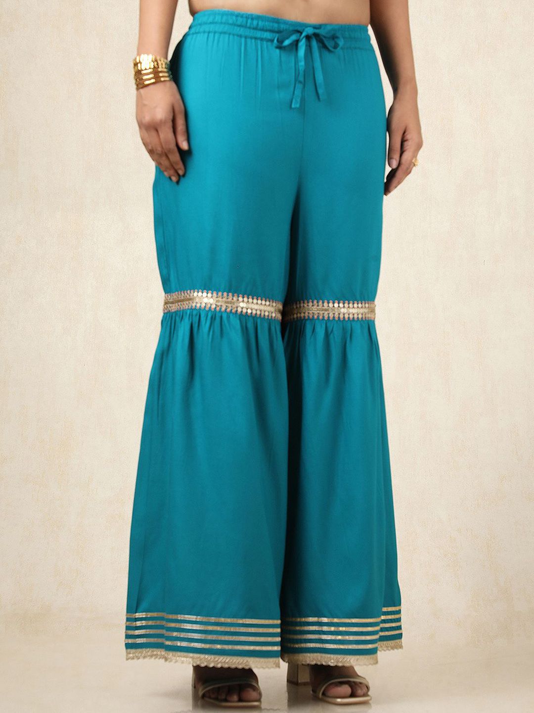Dhiyona SO Women's Ethnic Motifs Yoke Design Round Neck A-Line Kurti With Sharara & Dupatta