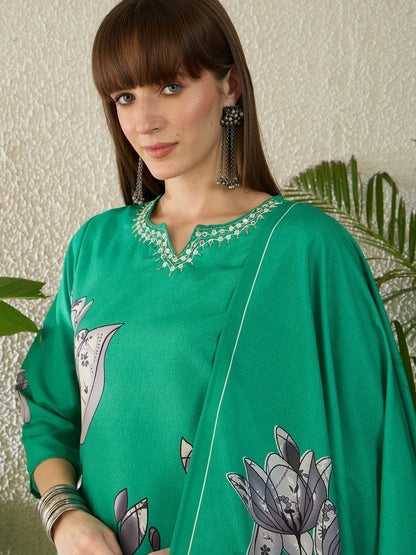 Women Floral Printed Regular Thread Work Kurta with Trousers & With Dupatta