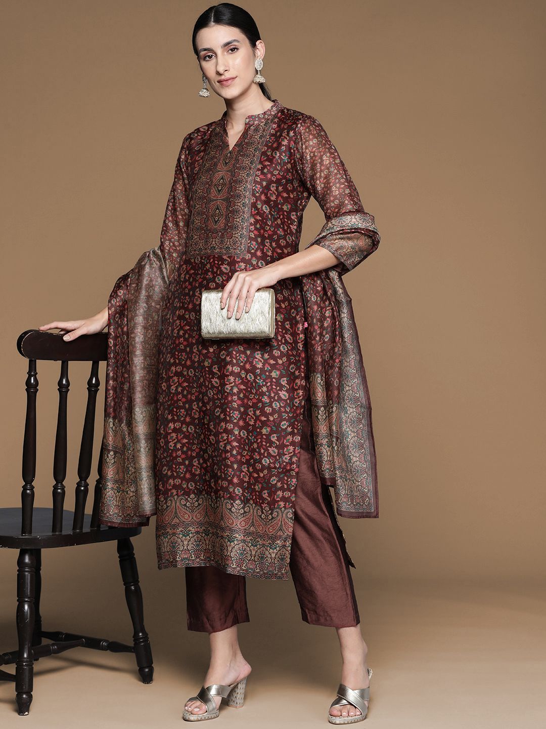 Dhiyona PD Women Floral Printed Mandarin Collar Chanderi Silk Kurta With Trouser & Dupatta