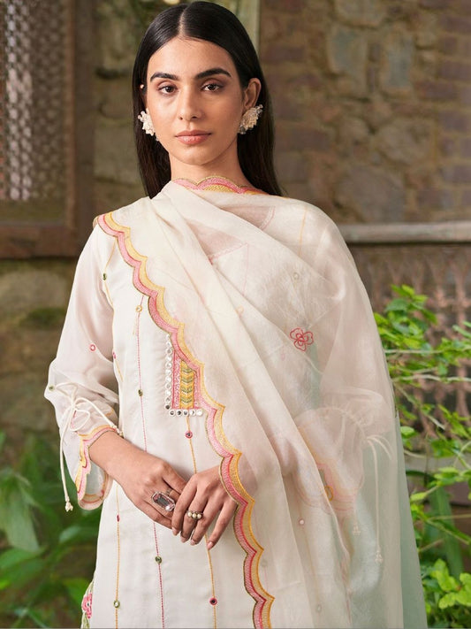 Women Floral Embroidered Regular Mirror Work Kurta with Trousers & With Dupatta