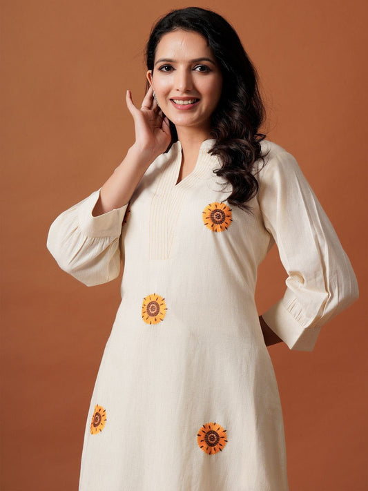 Dhiyona IE Embroidered Mandarin Collar Pure Cotton A-Line Top With Trousers