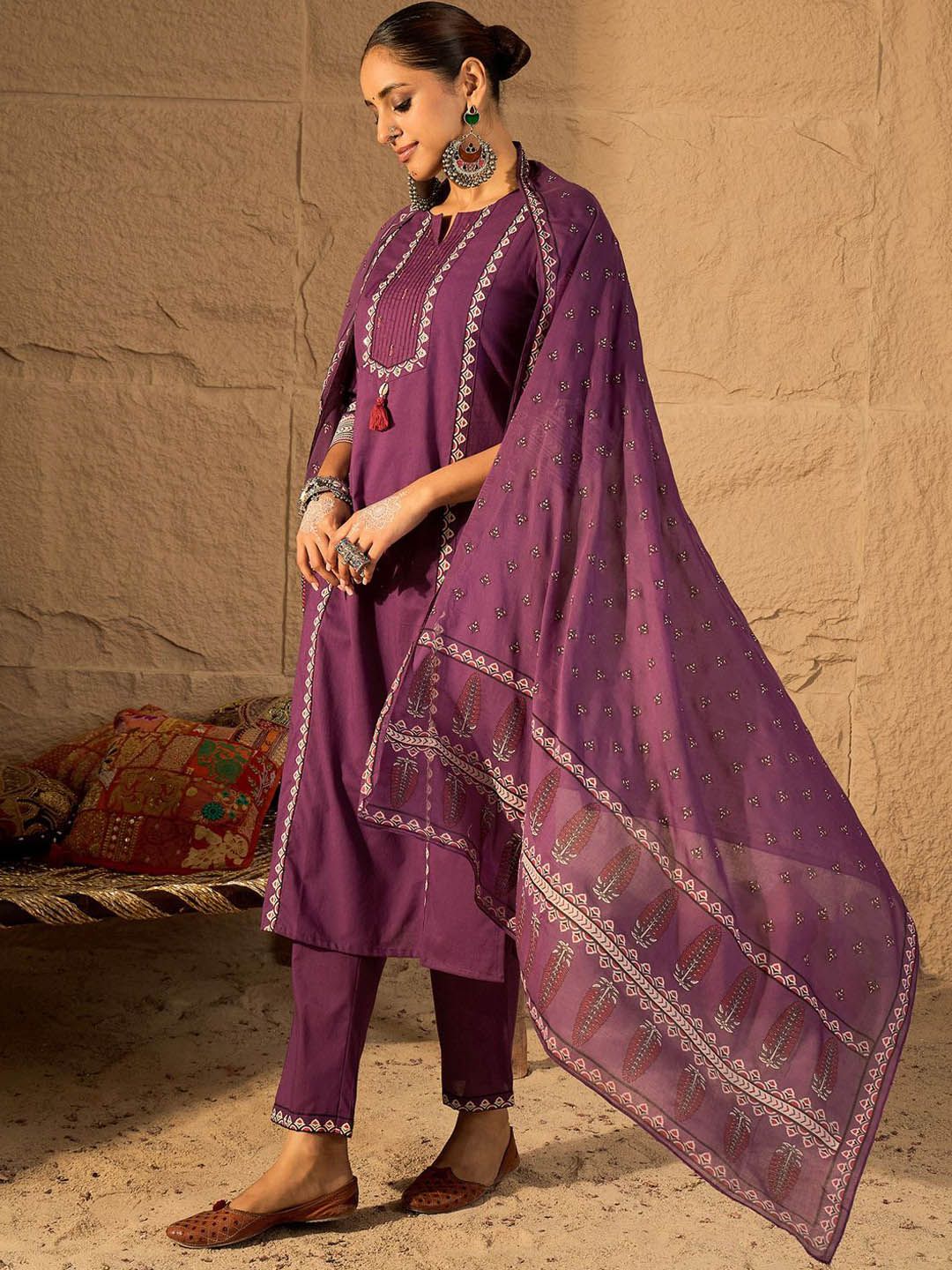 Thread Work Pure Cotton Straight Kurta With Trousers & Dupatta