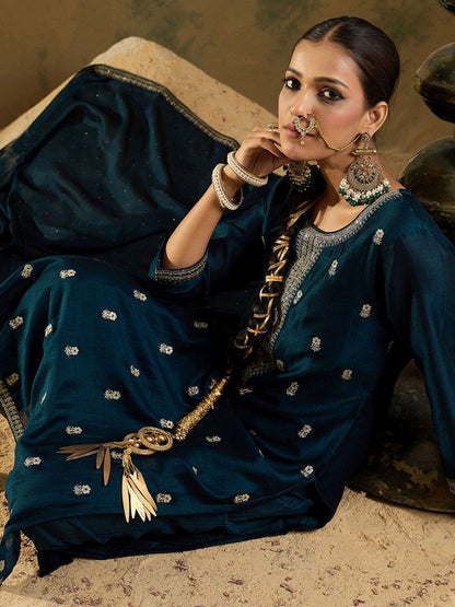 Ethnic Embroidered Thread Work Round Neck Silk Blend Kurta with Trouser & Dupatta