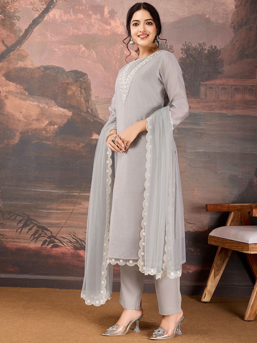Dhiyona PD Women Sequined Embroidered Round Neck Straight Kurta & Trousers With Dupatta