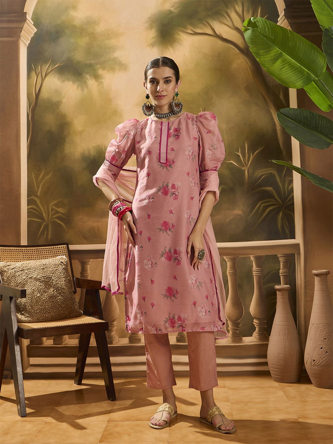 Dhiyona SN Women's Floral Printed Puffed Sleeves Chanderi Silk Straight Kurta With Trousers & Dupatta