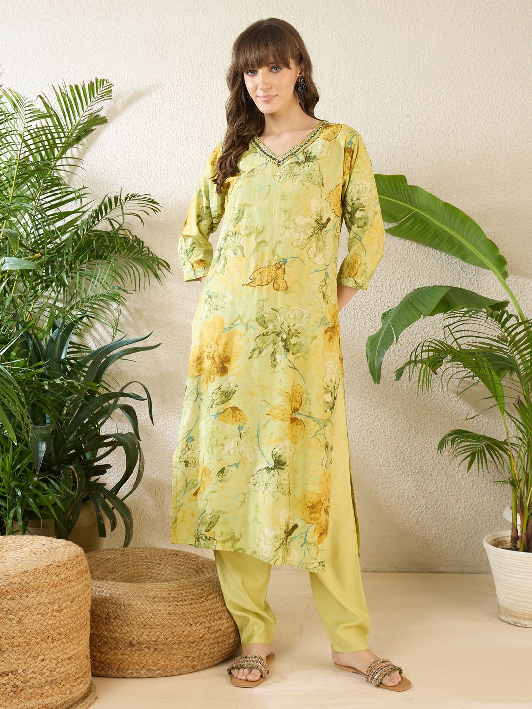 Floral Printed Thread Work Pure Cotton Kurta With Palazzos