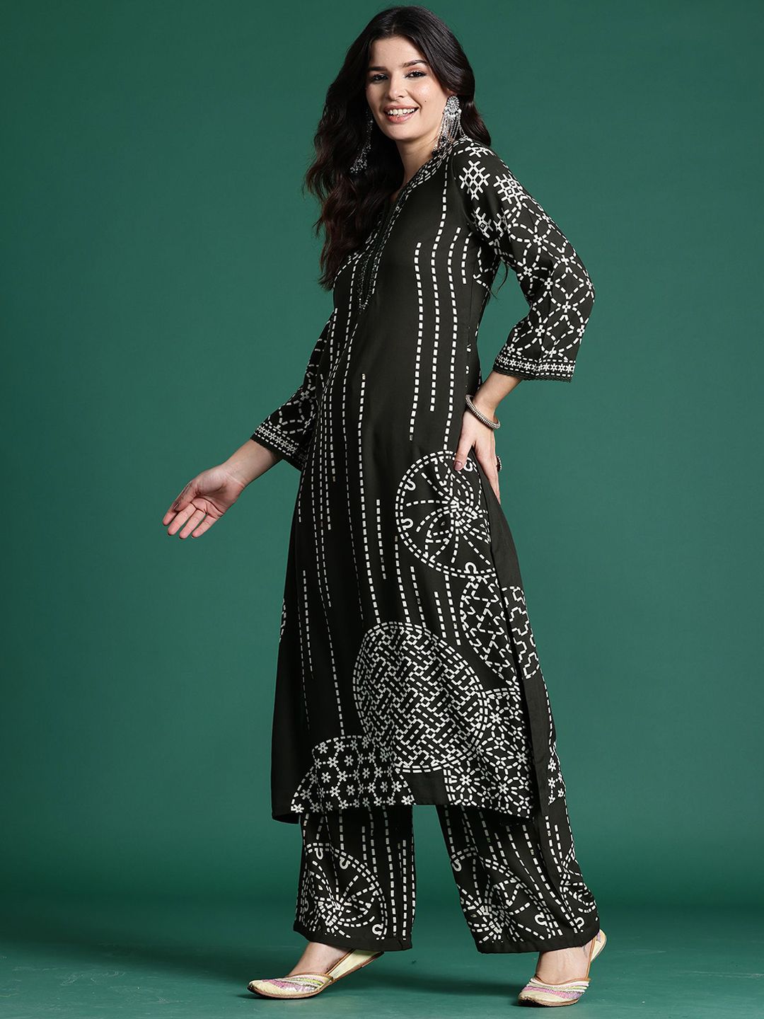 Dhiyona IE Floral Printed Three-Quarter Sleeves Tunic With Palazzos