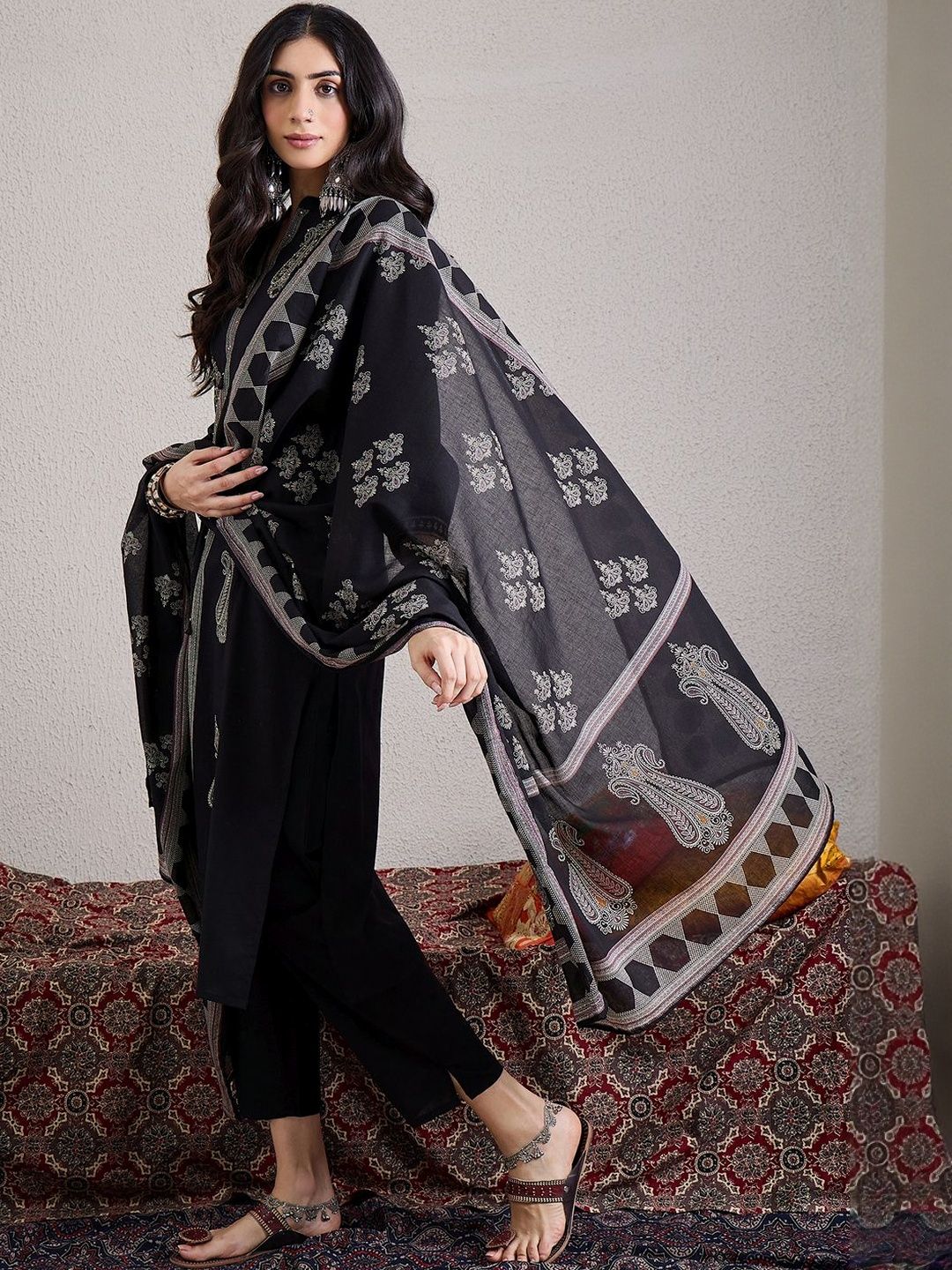 Women Ethnic Motifs Embroidered Cotton Kurta with Trousers & Dupatta