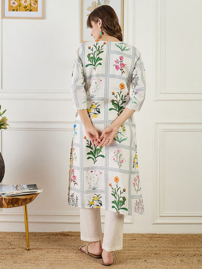 Women Floral Printed Linen Kurta with Trousers
