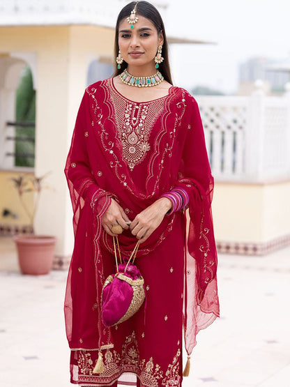 Dhiyona CH Embroidered Round Neck Thread Work Kurta With Trousers & Dupatta