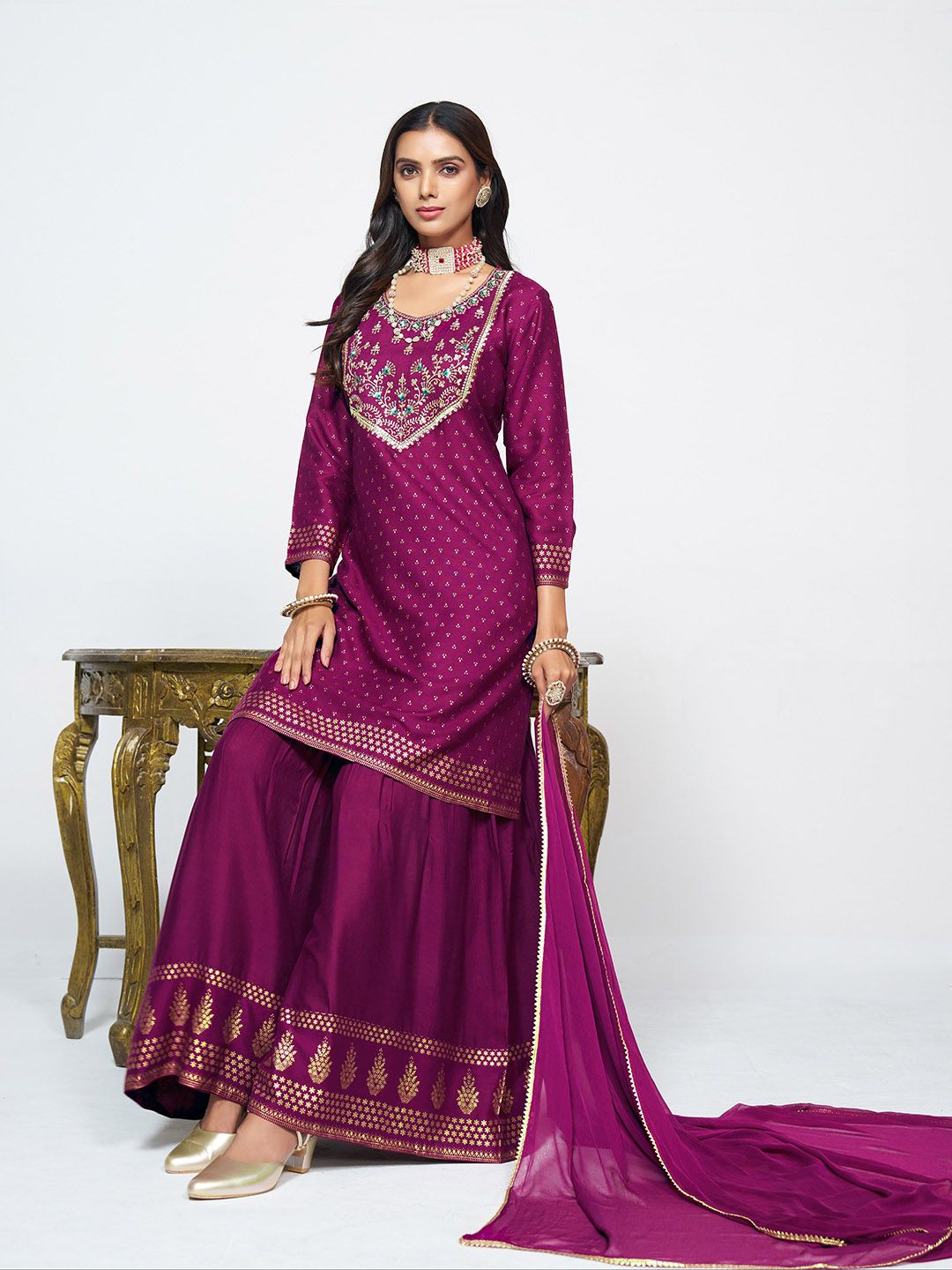Dhiyona SN Women's Embroidered Round Neck Straight Kurta & Sharara With Dupatta