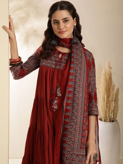 Dhiyona SN Women's Embroidered Pure Cotton Key Hole-Neck Anarkali Kurta With Trouser & Dupatta