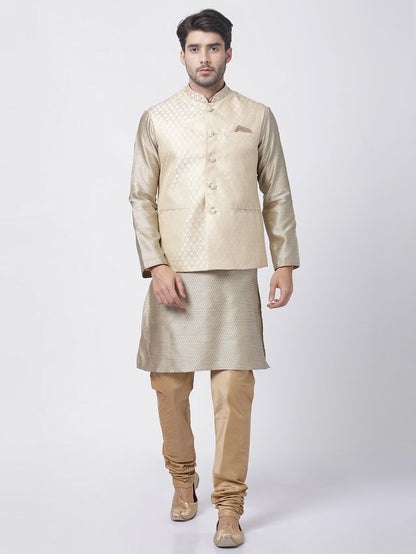Men's Beige Silk Blend Straight Jacket  Kurta and Pyjama Set