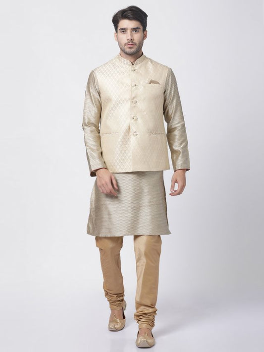 Men's Beige Silk Blend Straight Jacket  Kurta and Pyjama Set