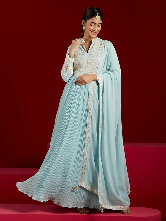 Women's LB Art Blue Yoke Design Georgette Anarkali Suit With Dupatta