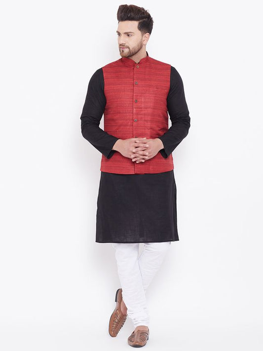 Men's Black Cotton Blend Straight Jacket  Kurta and Pyjama Set
