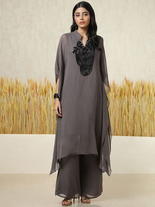 Dhiyona SO Women's Floral Yoke Design Mandarin Collar Beads Work Georgette Kurta & Palazzos & Inner