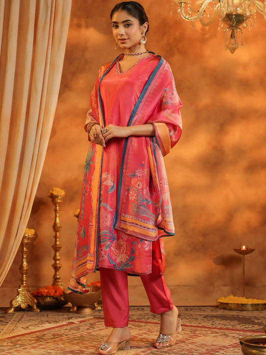 Dhiyona RR Women's Ethnic Motifs Printed Straight Sequinned Kurta with Trousers & With Dupatta