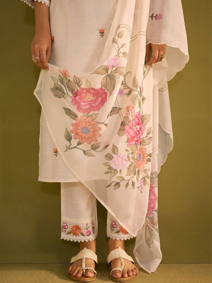 Women Floral Embroidered Regular Thread Work Kurta with Trousers & With Dupatta