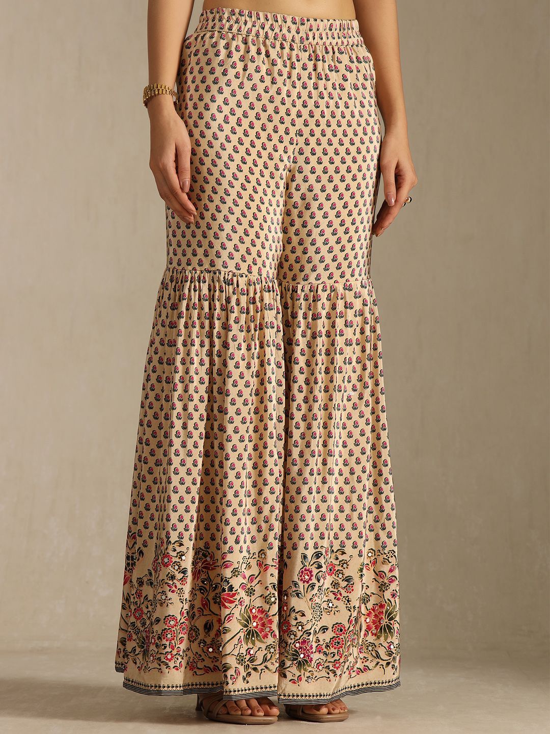 Dhiyona SO Women's Women Ethnic Motifs Printed Regular Mirror Work Kurta With Sharara & Dupatta