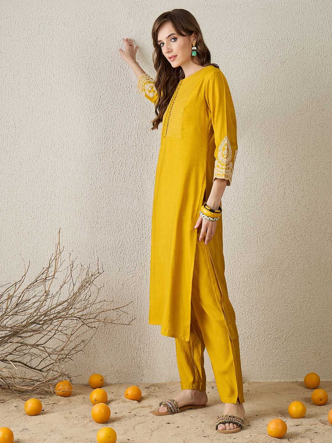 Women Mustard Ethnic Motifs Embroidered Regular Straight Kurta Sets