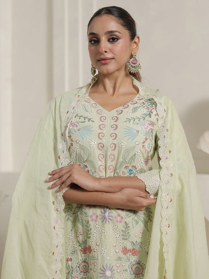 Women Floral Embroidered Thread Work Pure Cotton Kurta with Trousers & Dupatta